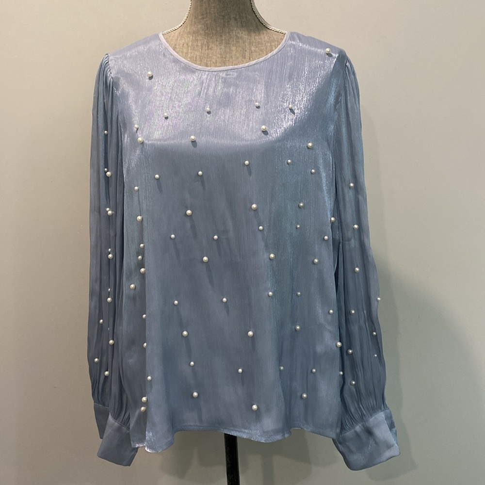 Pearl-Embellished Light Blue Long-Sleeve Women's Top - Picture 6 of 16